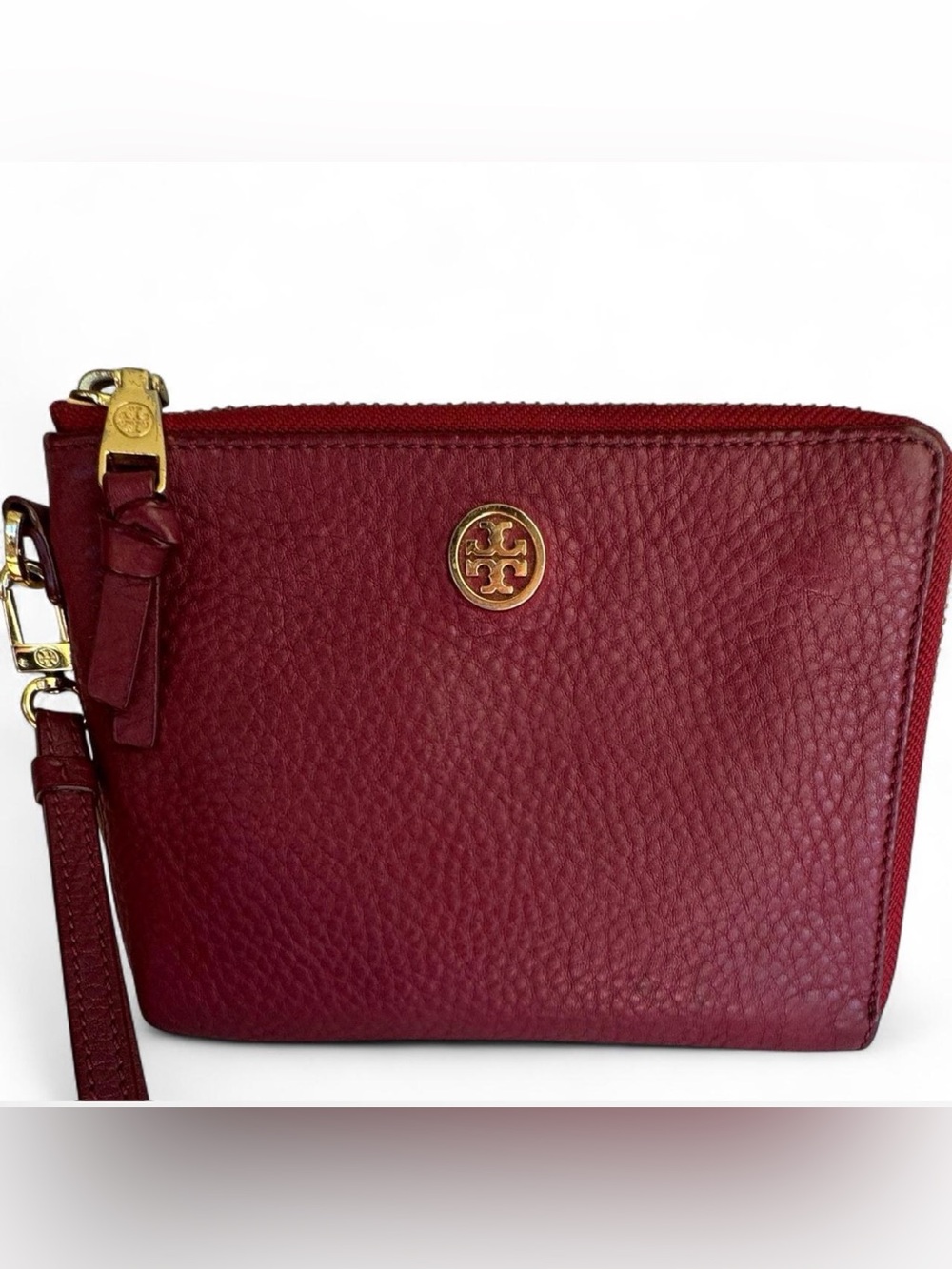 Tory Burch burgundy pebbled, leather large wristlet wallet zip clutch 6 x 8 GHW